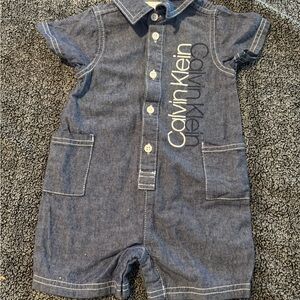 Calvin Klein Baby Boy Romper 12M Denim Logo Short Sleeve Button Up